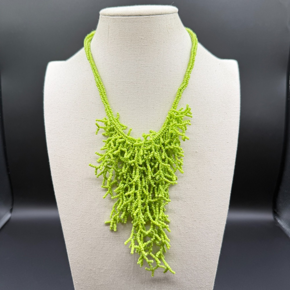 Lime Green Seed Bead Fringe Bib Necklace Boho Waterfall Statement Jewelry Bold